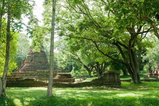 Old city of worship place landmarks, history park of Si-Satchanalai, Sukhothai province, Thailand.