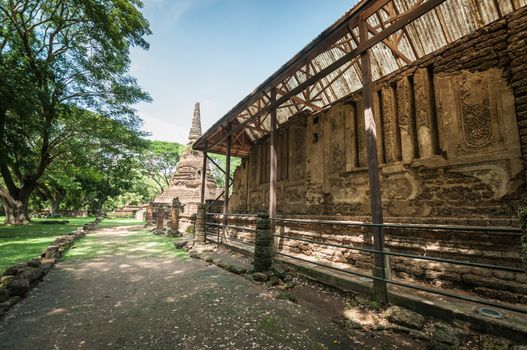 Old city of worship place landmarks, history park of Si-Satchanalai, Sukhothai province, Thailand.