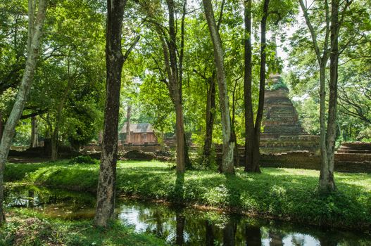 Old city of worship place landmarks, history park of Si-Satchanalai, Sukhothai province, Thailand.