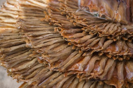 Closeup of dried fish preservation in food market