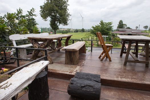 Wood table and chair on terrace