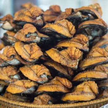 Closeup of Dry Fish for food background.