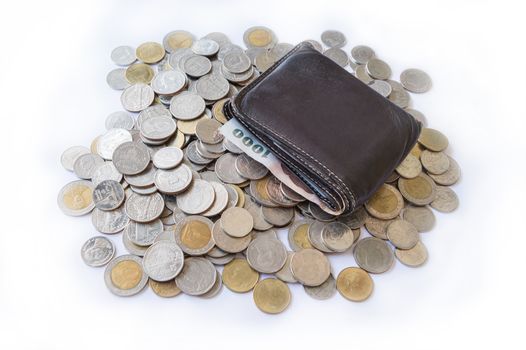 Coin of Money and purse isolated on white