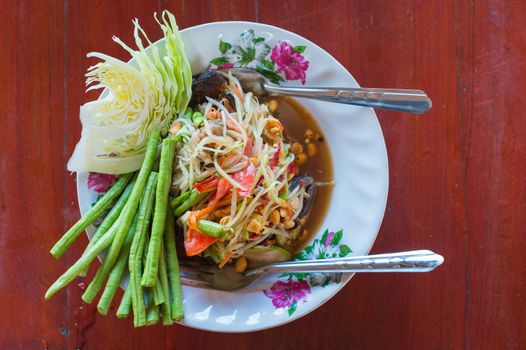 closeup of somtum or green papaya salad