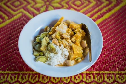 Closeup of rice and curry from asian food style