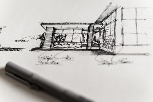 Closeup of sketch design for home building