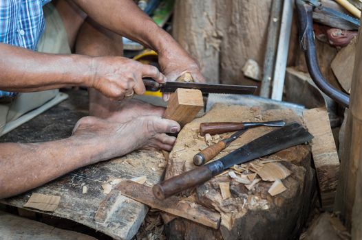 closeup of sculptor man with him job