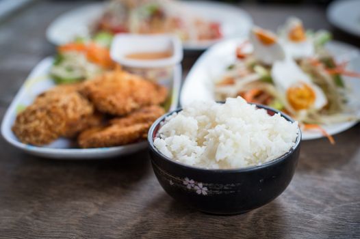 Closeup of asian food on table