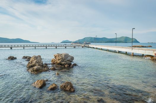 Landscape of rock in the ocean with bridge