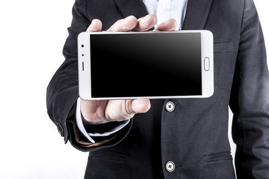 Smartphone in hand isolated on white background