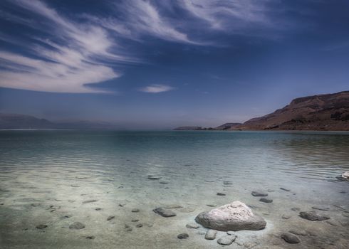 Dead Sea Panorama Desert Mountains and The Sea With Salt