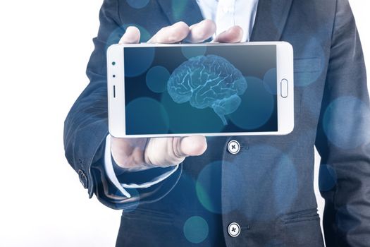 Smartphone and brain in hand isolated on white background