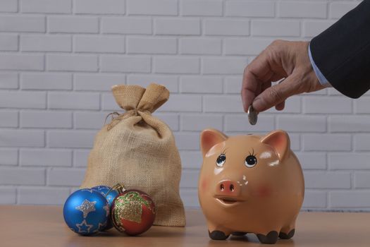 Piggy Bank with Dollars and Chtistmas Decorations