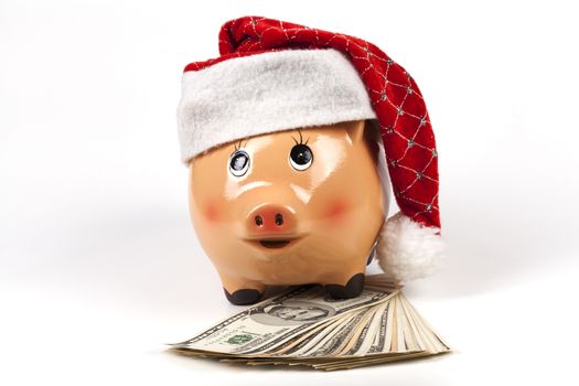 Piggy Bank with Dollars and Chtistmas Decorations