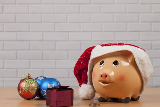 Piggy Bank with Dollars and Chtistmas Decorations