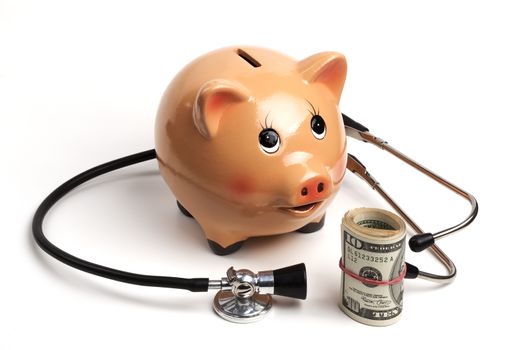 Cute Piggy Bank With Black Stethoscope and Dollars Roll Banknotes Isolated on White Background