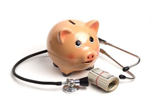 Cute Piggy Bank With Black Stethoscope and Dollar Banknotes Roll Isolated on White Background