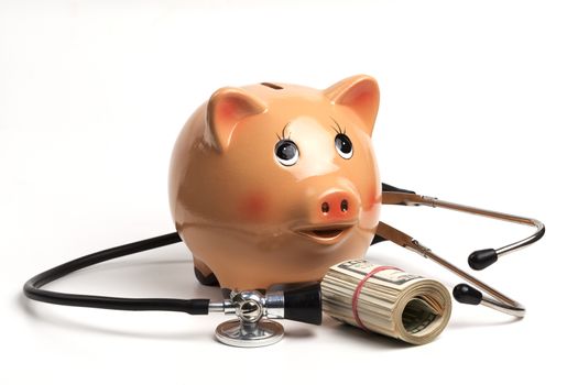 Cute Piggy Bank With Black Stethoscope and Dollar Banknotes Roll Isolated on White Background