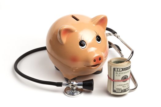 Cute Piggy Bank With Black Stethoscope and Dollar Banknotes Roll Isolated on White Background