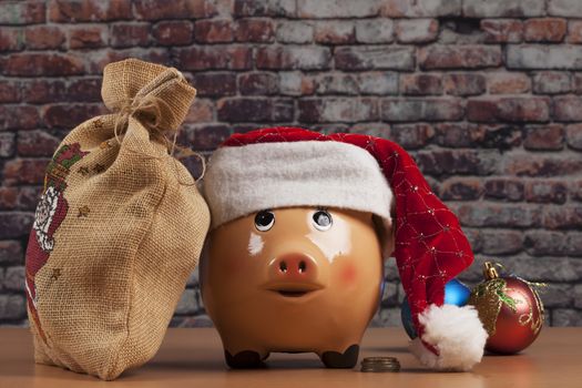 Piggy Bank with Dollars and Chtistmas Decorations