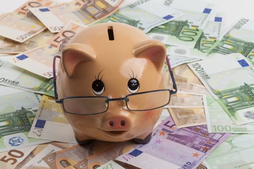 Piggy Bank With Euro Banknotes and Blue Glasses