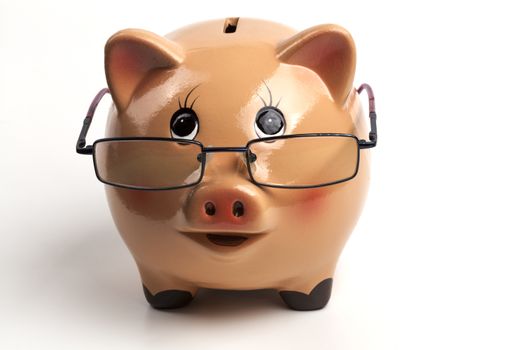 Piggy Bank With Glasses Isolated on White Background