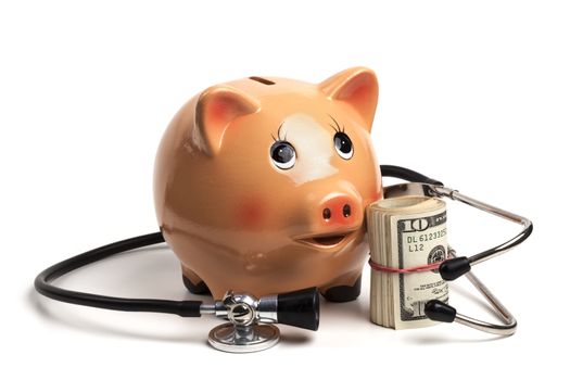 Cute Piggy Bank With Black Stethoscope and Dollar Banknotes Roll Isolated on White Background