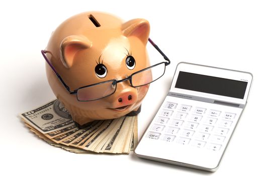 Piggy Bank With Dollars Roll and Calculator Isolated on White Background