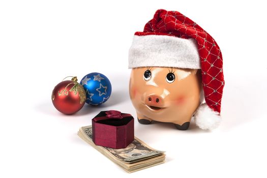 Piggy Bank with Dollars and Chtistmas Gift Box and Decorations