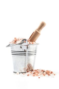 Himalayan Salt Raw Crystals Pile in Silver Metal Bucket Isolated on White Background