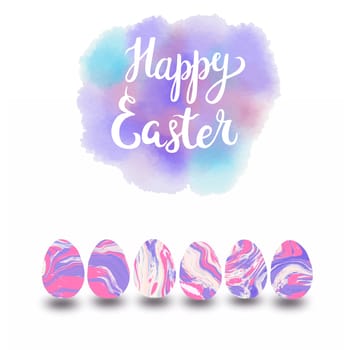 Hand drawn Happy Easter typographic lettering greeting card with Set of pastel colors marbled easter eggs 