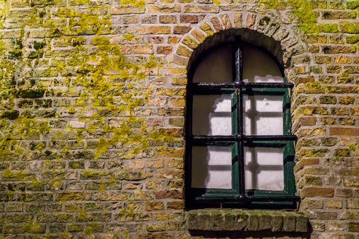 mossy brick wall with a old wooden window frame behind bars, historical architecture background