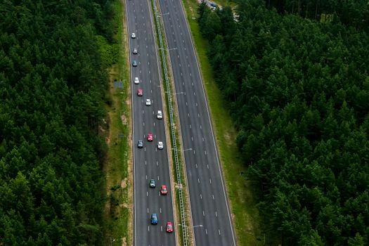 Aerial view of Riga. Aerial view of Jurmala highway, Latvia. Highway from above. Aerial view of Riga city- capital of Latvia.