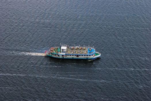 Aerial view of cruise ship in river Daugava in Riga city. Aerial view of Riga, Latvia.