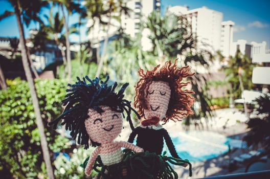 Bride and groom wool puppets are enjoying a typical resort view in Honolulu, Hawaii