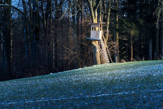 Deerstand with field and forest in Bavaria, Germany in winter