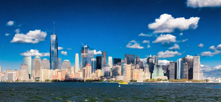 The New York City skyline at afternoon w the Freedom tower