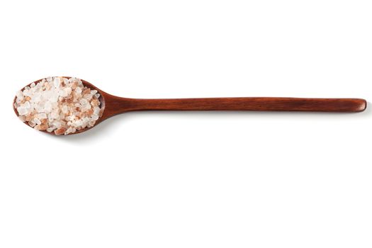 Himalayan Salt Raw Crystals Pile with Brown Wood Spoon Isolated on White Background