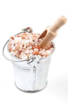 Himalayan Salt Raw Crystals Pile in Silver Metal Bucket Isolated on White Background