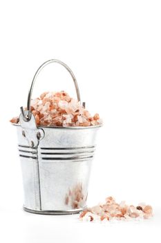 Himalayan Salt Raw Crystals Pile in Silver Metal Bucket Isolated on White Background