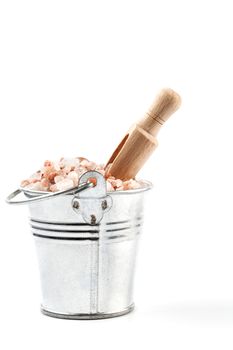 Himalayan Salt Raw Crystals Pile in Silver Metal Bucket Isolated on White Background