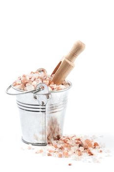 Himalayan Salt Raw Crystals Pile in Silver Metal Bucket Isolated on White Background