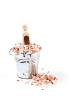 Himalayan Salt Raw Crystals Pile in Silver Metal Bucket Isolated on White Background