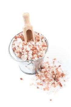 Himalayan Salt Raw Crystals Pile in Silver Metal Bucket Isolated on White Background