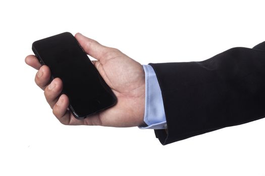 Man Hand in Suit Holding Black Phone isolated on white background