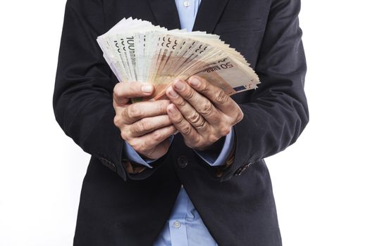 Man Hands in Suit Holding  Euro Banknotes Isolated on White Background