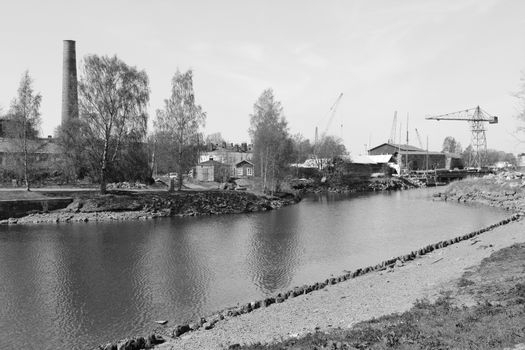 View towards Suomenlinna dry dock on the UNESCO Heritage fortress island, Finland - monochrome processing