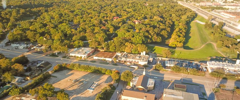 Panorama top view industrial area near Kessler area located just south of downtown Dallas. Aerial view warehouse building next to nature Kessler Park