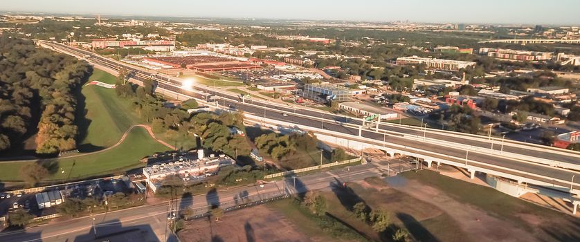 Panorama top view industrial area near Kessler area located just south of downtown Dallas. Aerial view warehouse building next to nature Kessler Park