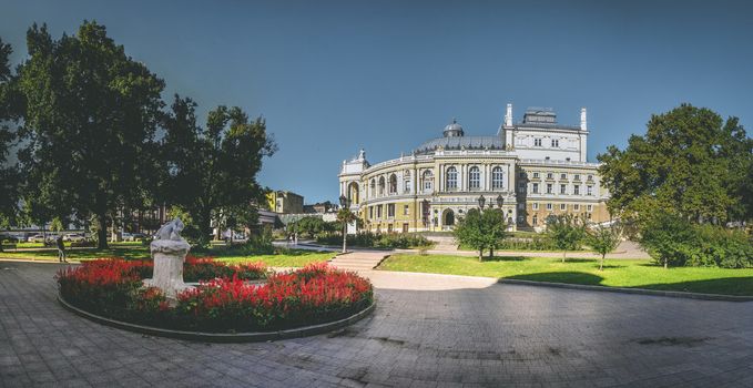 Odessa, Ukraine - 09.25.2018. Theater Square, the most popular tourist place in Odessa, Ukraine in a sunny day